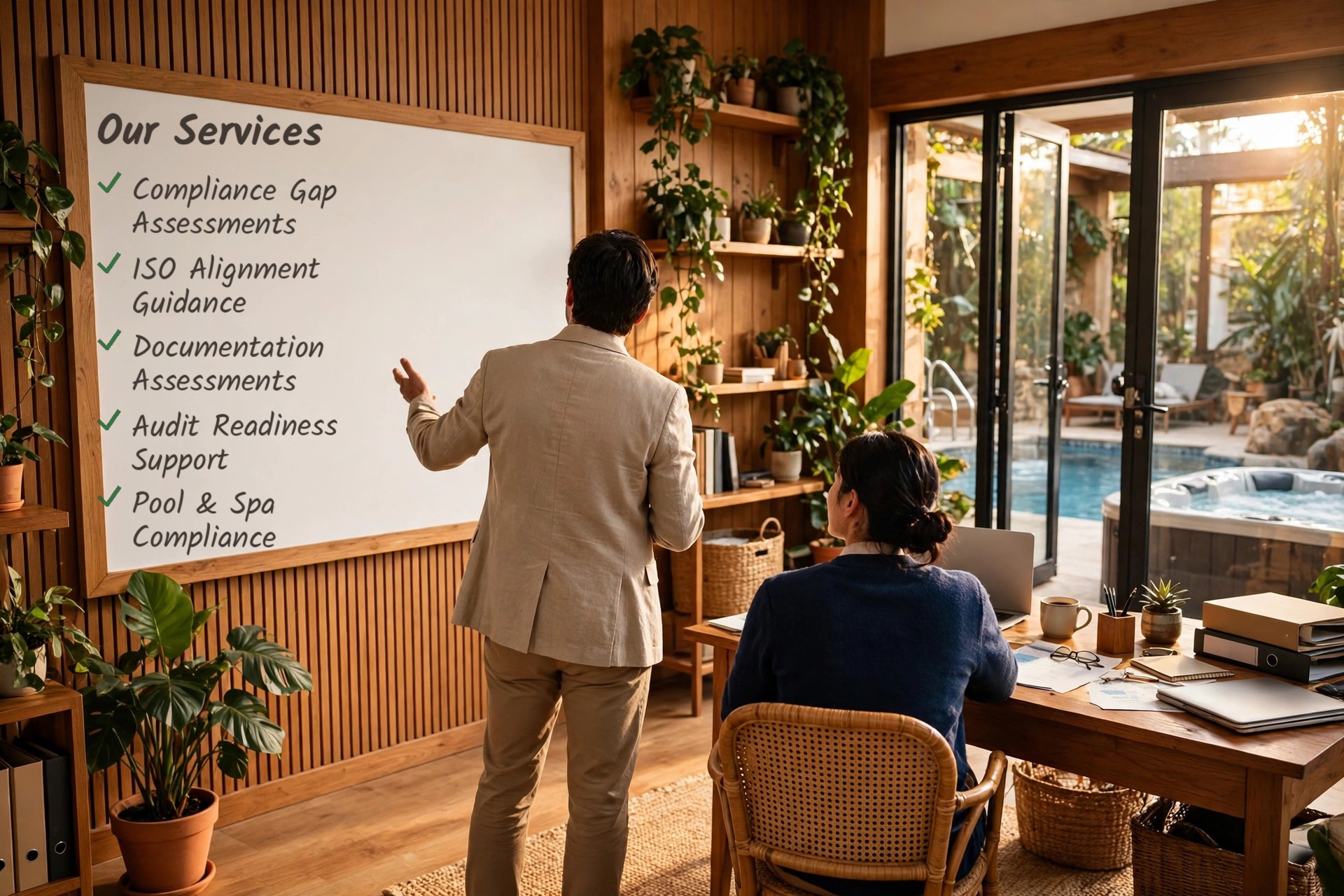 BMS Labs consultant presenting our services: compliance gap assessments, ISO alignment guidance, documentation assessments, audit readiness support, and pool and spa compliance